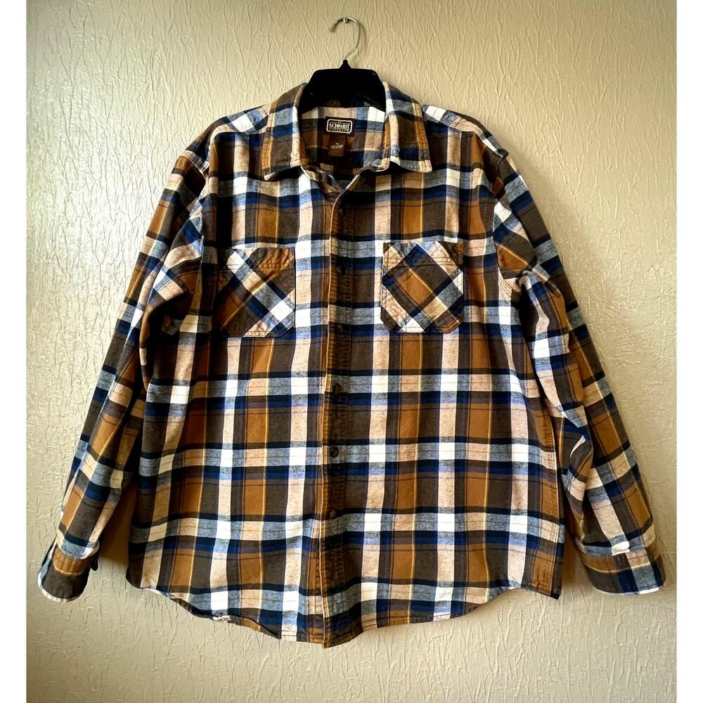 SCHMIDT Workwear Carpenter Men's Plaid Flannel Button Up Shirt Brown Cotton XL